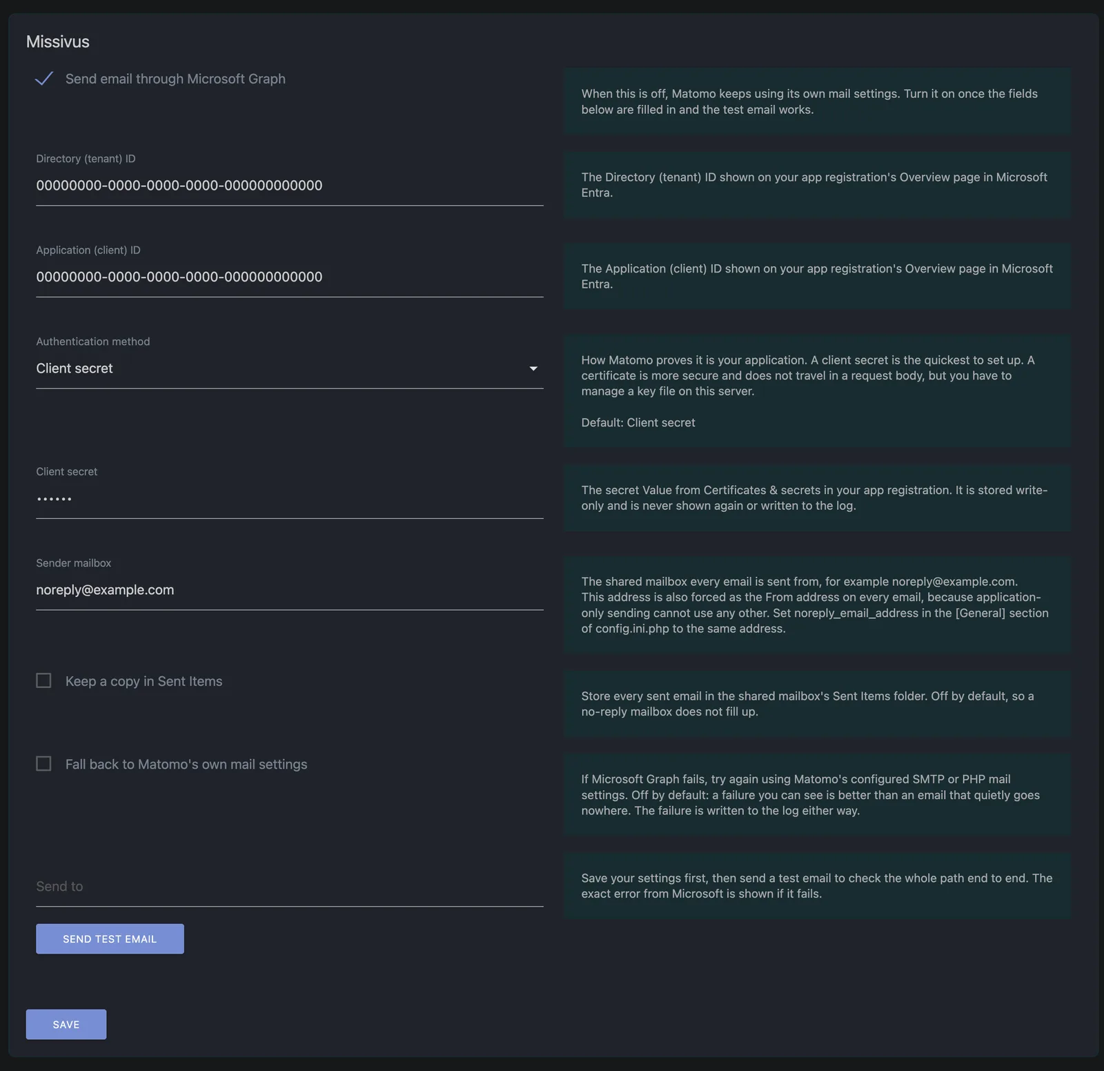 The Missivus settings page inside Matomo: fields for Directory (tenant) ID, Application (client) ID, authentication method, client secret and sender mailbox, each with inline help, plus Send test email and Save buttons.